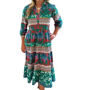 🌺 Liza Byrd Boho Floral Tiered Midi Dress – Size M – 100% Cotton